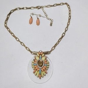 Treska LUCITE yellow, orange,‎ & teal beaded necklace and earrings set